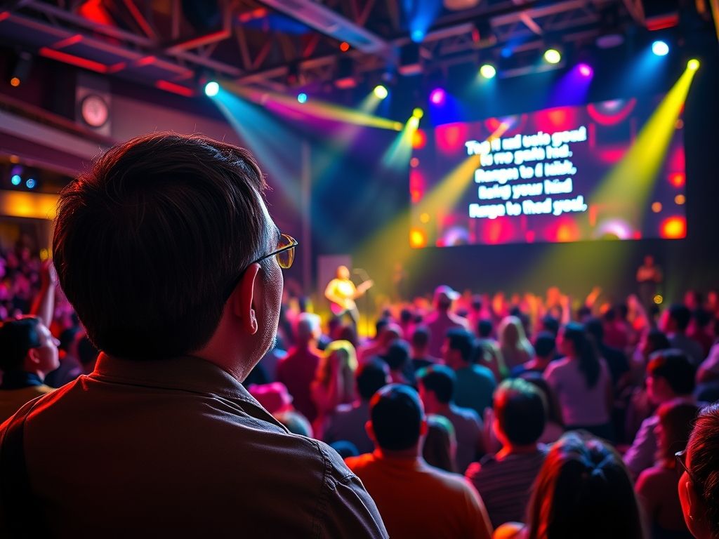 Uma pessoa com deficiência auditiva curtindo um show ao vivo com legendas em tempo real exibidas em uma tela grande. O palco está bem iluminado e o músico está se apresentando com entusiasmo. O público é diverso e engajado.