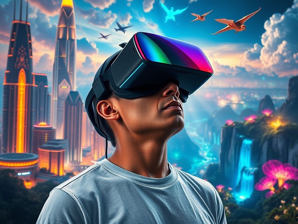 Pessoa usando um headset de realidade virtual, imersa em um mundo virtual dinâmico e visualmente estimulante.