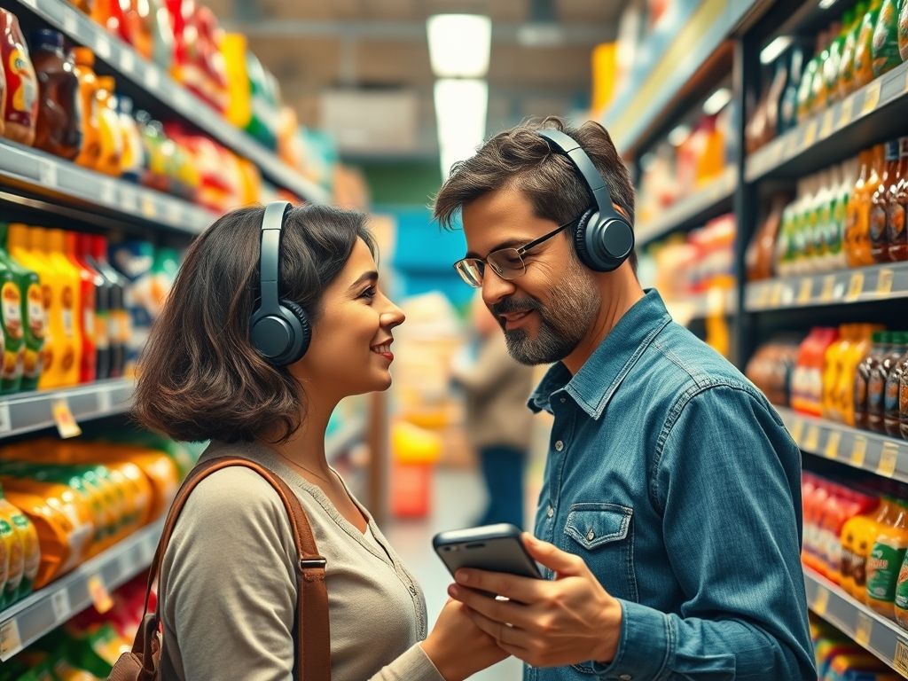 Uma pessoa com deficiência visual usando um aplicativo de smartphone com tecnologia de IA para identificar um produto em um supermercado. O aplicativo está fornecendo feedback de áudio através de fones de ouvido. O corredor do supermercado é brilhante e bem abastecido.