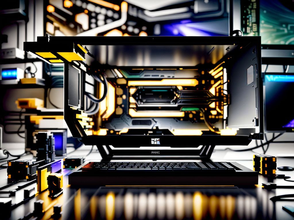 Imagem detalhada de um PC de alta performance desmontado, mostrando o processador, placa de vídeo, memória RAM, placa-mãe e SSD.
