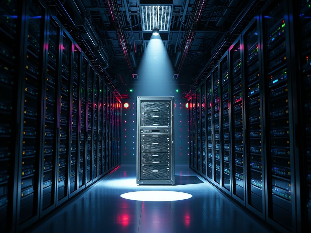 Servidor em um data center com luzes piscando e vários servidores.