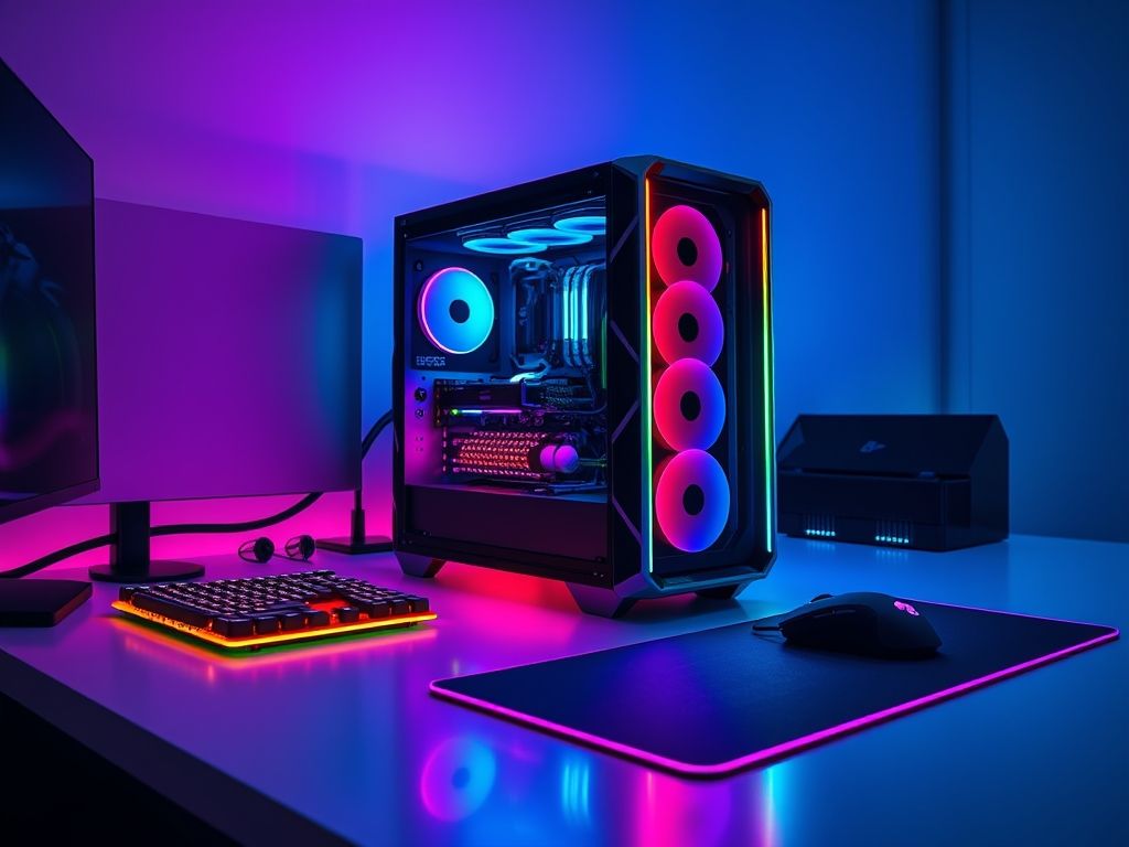 Imagem de um PC gamer pré-montado em uma mesa de jogos, com teclado, mouse e headset, representando a conveniência de um sistema pronto para uso.
