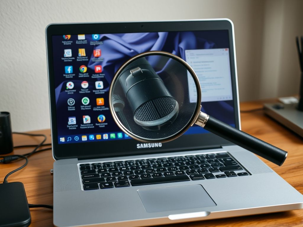 Um notebook Samsung com a tela mostrando uma área de trabalho bagunçada, indicando problemas de desempenho.