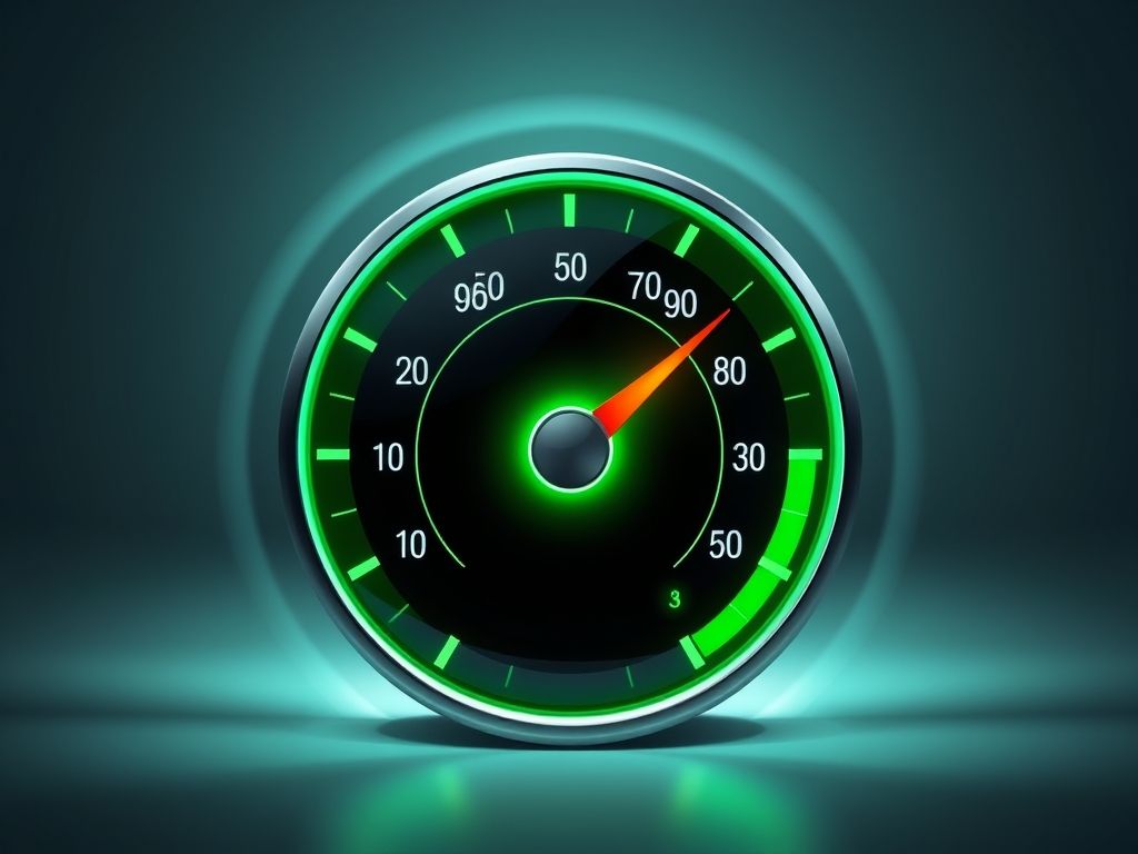 Gráfico de velocímetro mostrando a velocidade de carregamento de um site, indicando desempenho otimizado.