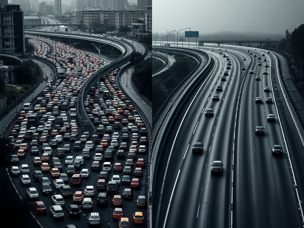 Imagem dividida contrastando JavaScript e WebAssembly: uma estrada congestionada versus uma autoestrada livre, ilustrando a diferença de desempenho.