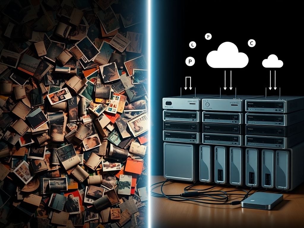 Comparação visual entre a bagunça de fotos perdidas e um sistema de backup organizado.