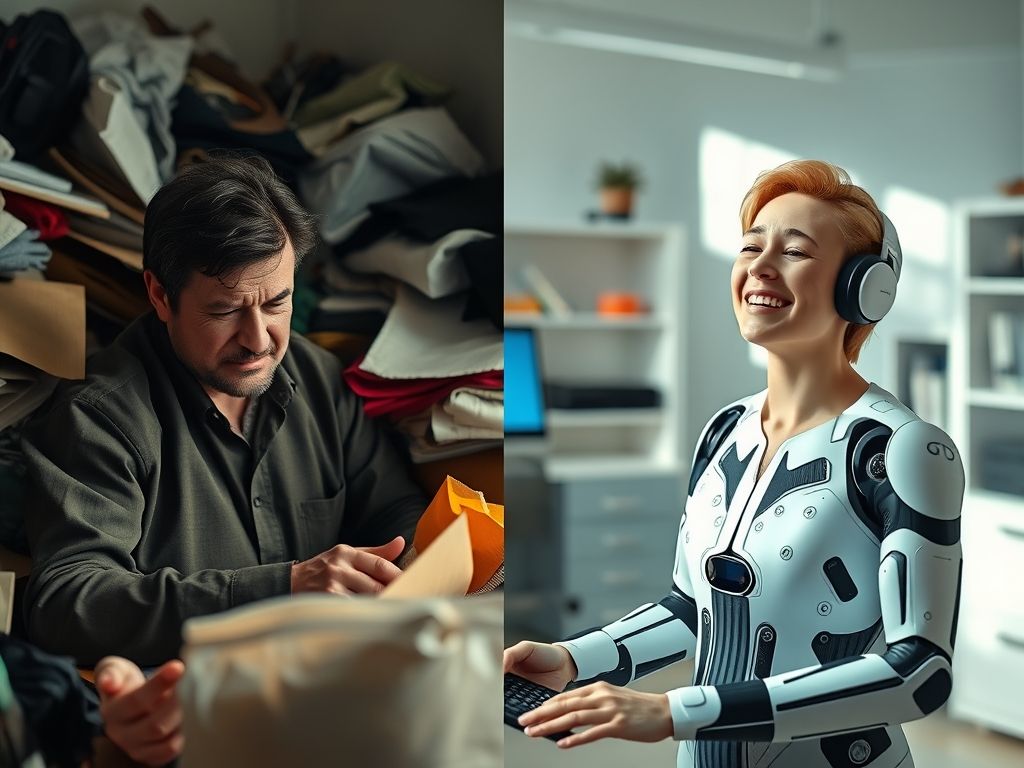 Imagem dividida mostrando o contraste entre uma pessoa sobrecarregada por tarefas repetitivas e a mesma pessoa relaxada enquanto a IA automatiza essas tarefas.