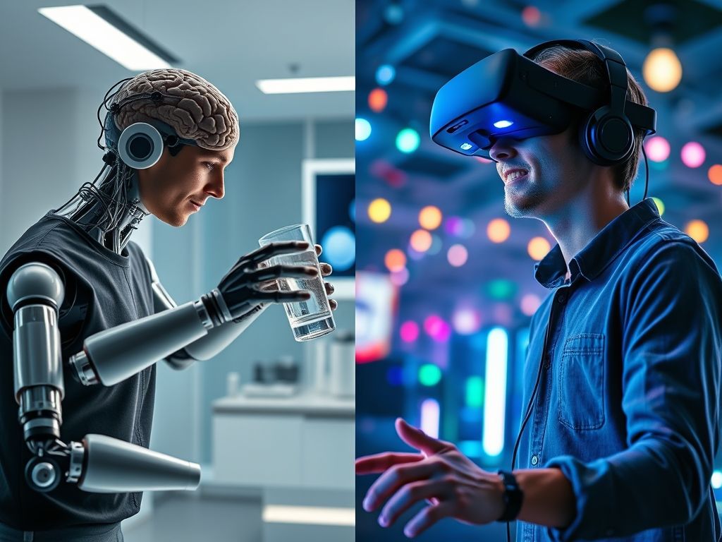 Imagem dividida mostrando uma pessoa com paralisia controlando um braço robótico com uma interface cérebro-computador e um gamer controlando um personagem em realidade virtual com a mente.