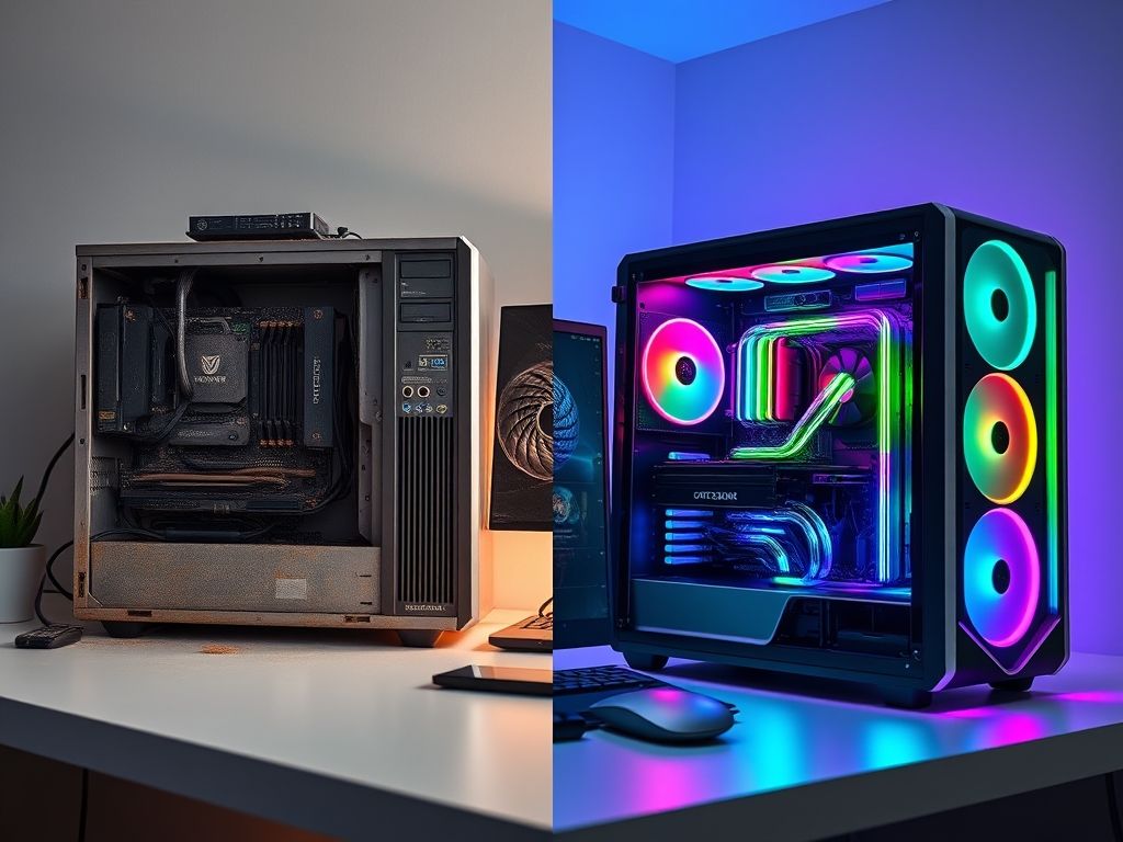 Comparação visual entre um computador antigo e um computador moderno, demonstrando a diferença de desempenho para realidade virtual.