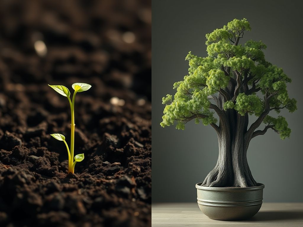 Imagem dividida: muda crescendo em solo rico vs. carvalho gigante lutando para crescer em um vaso pequeno.