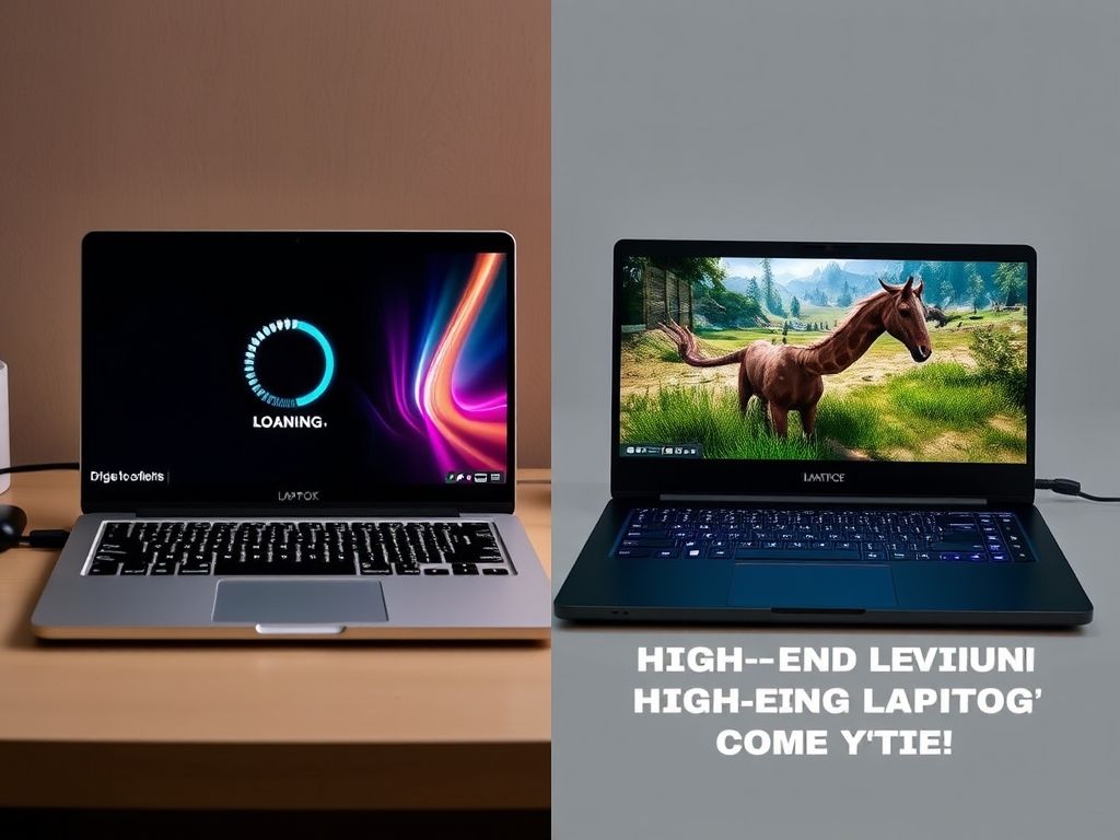 Comparação entre um notebook com processador fraco e um notebook gamer rodando um jogo.