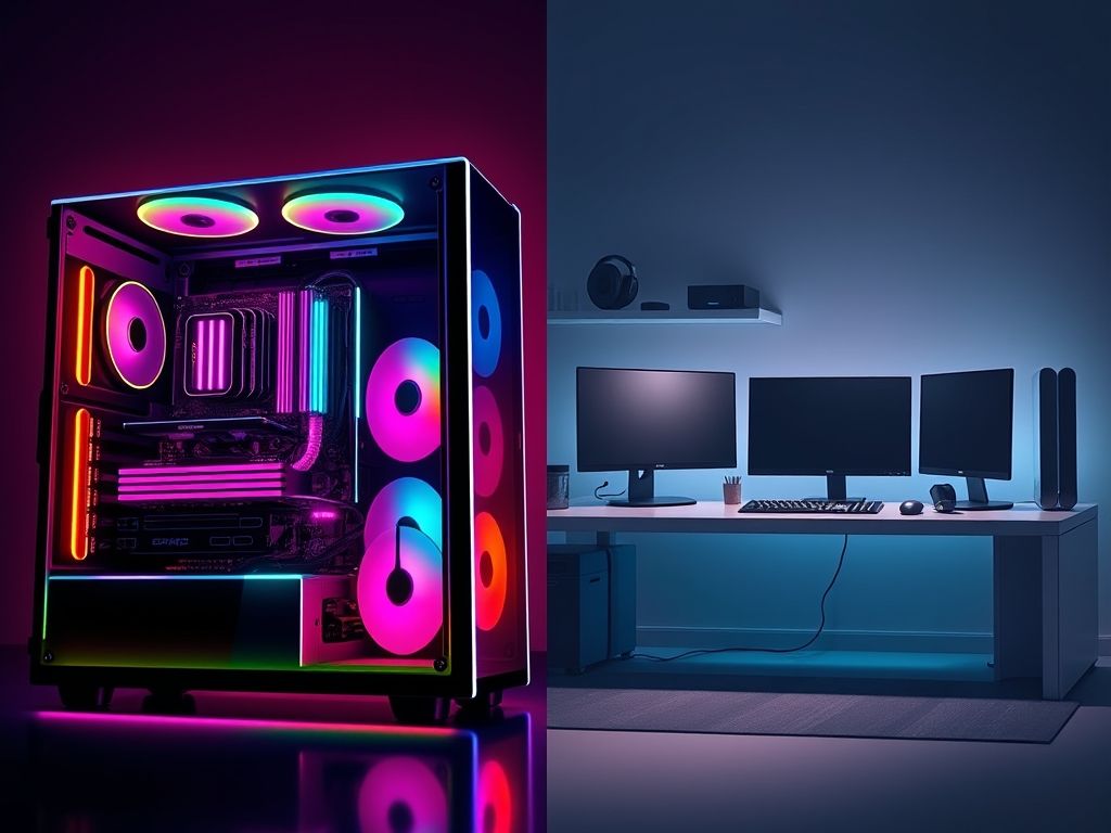 Comparativo visual entre um PC gamer com iluminação RGB e uma workstation com design minimalista.