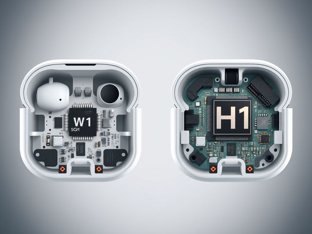 Comparativo interno dos AirPods: chip W1 (primeira geração) versus chip H1 (segunda geração).