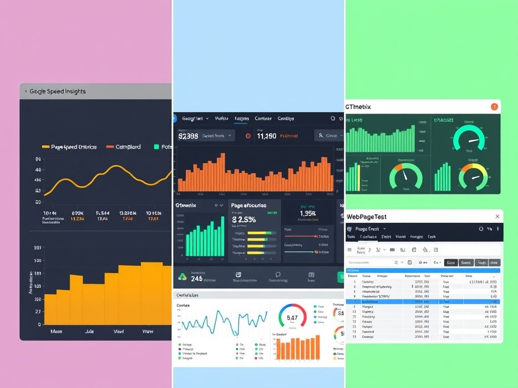Captura de tela mostrando as ferramentas de teste de velocidade de site: Google PageSpeed Insights, GTmetrix e WebPageTest.