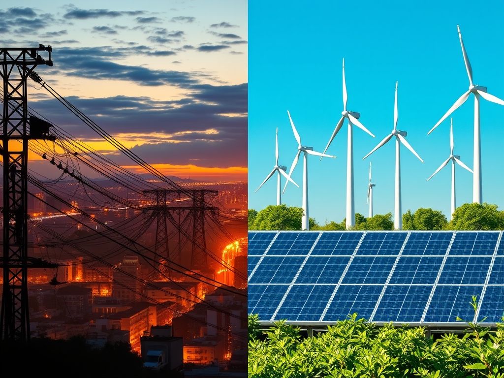 Uma imagem dividida mostrando dois cenários contrastantes. De um lado, uma rede elétrica tradicional com ineficiências visíveis, como linhas de energia sobrecarregadas e desperdício de energia. Do outro lado, uma rede inteligente moderna alimentada por IA, com fluxo de energia otimizado, integração de energia renovável e desperdício mínimo. A imagem deve destacar os benefícios da IA na melhoria da eficiência e confiabilidade energética.