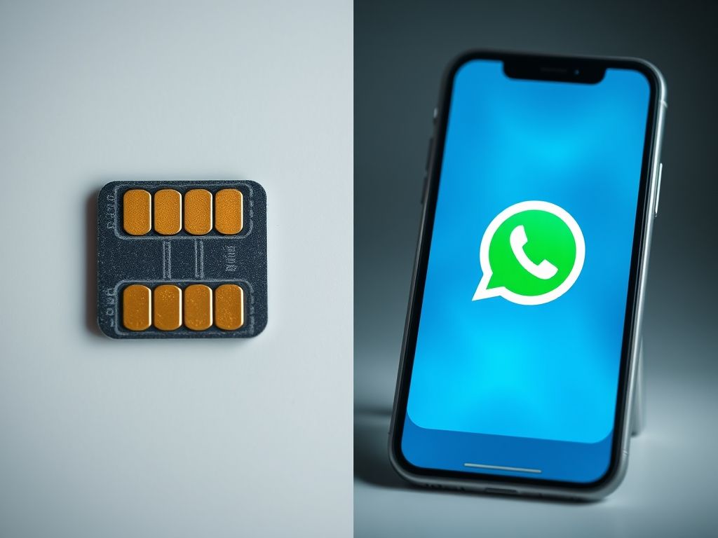 Imagem dividida mostrando chip de celular e ícone de app de mensagens, representando alternativas ao número tradicional.