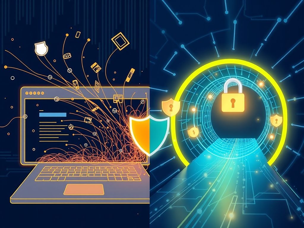Comparação entre um site vulnerável com dados desprotegidos e um site seguro com dados criptografados através de um túnel seguro.