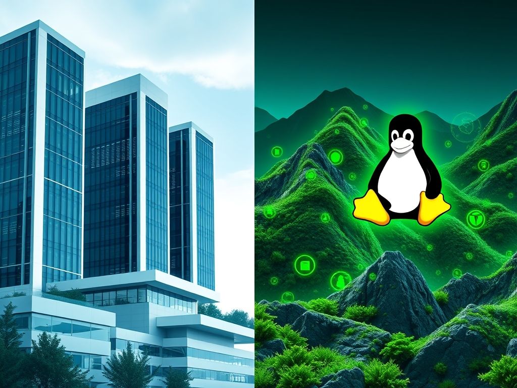 Comparativo visual entre os sistemas operacionais Windows Server e Linux.