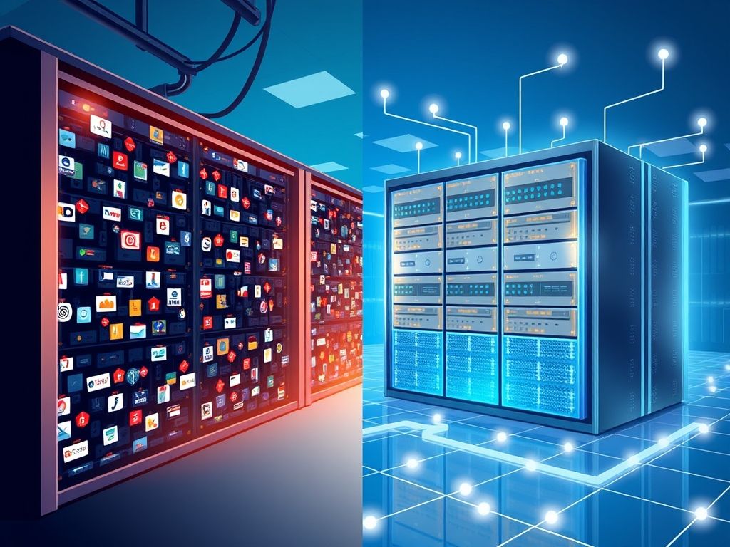 Imagem dividida mostrando hospedagem compartilhada (vários sites em um servidor) e hospedagem VPS (site com servidor dedicado), ilustrando as diferenças de recursos e controle.