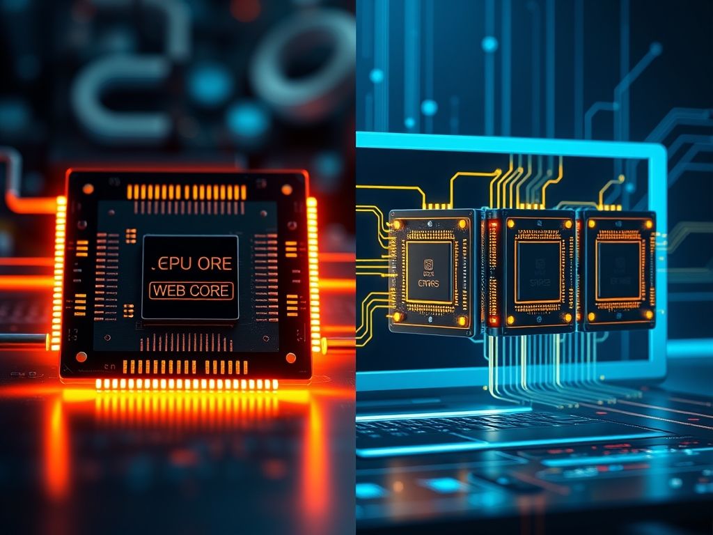 Ilustração comparando o desempenho de um único núcleo de CPU com o desempenho de múltiplos núcleos.