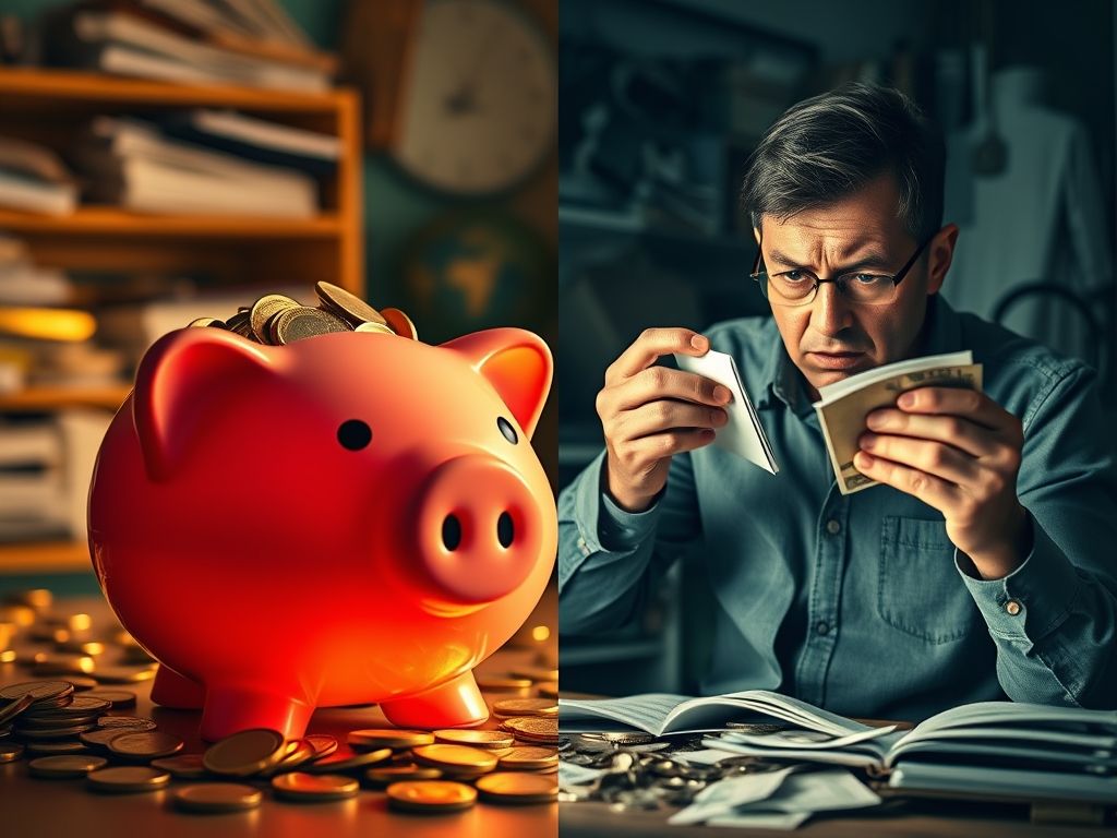 Imagem dividida mostrando um cofrinho cheio de moedas (poupança crescendo com Selic alta) e uma pessoa preocupada pagando contas (impacto dos juros altos nas dívidas).