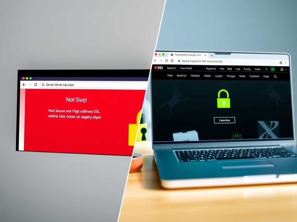 Comparativo visual entre um site sem SSL (não seguro) e um site com SSL (seguro), mostrando os indicadores no navegador.