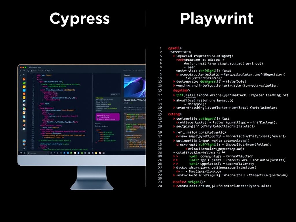 Imagem comparando Cypress e Playwright lado a lado, mostrando a interface visual simplificada do Cypress e a configuração mais complexa, porém com maior suporte a navegadores, do Playwright.