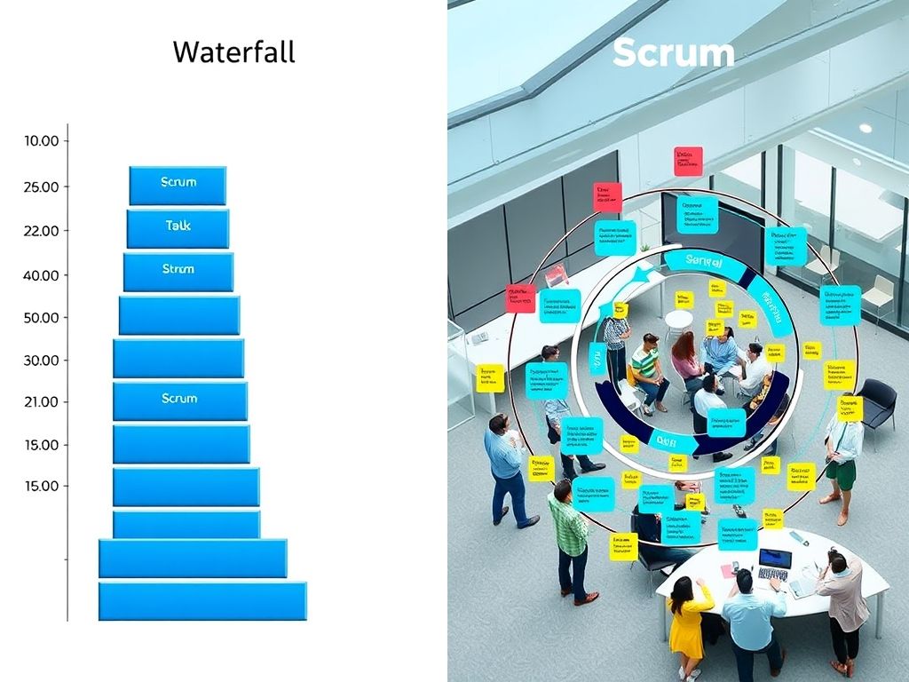 Comparação visual entre metodologias tradicionais (cascata) e Scrum, destacando a flexibilidade e adaptabilidade do Scrum.