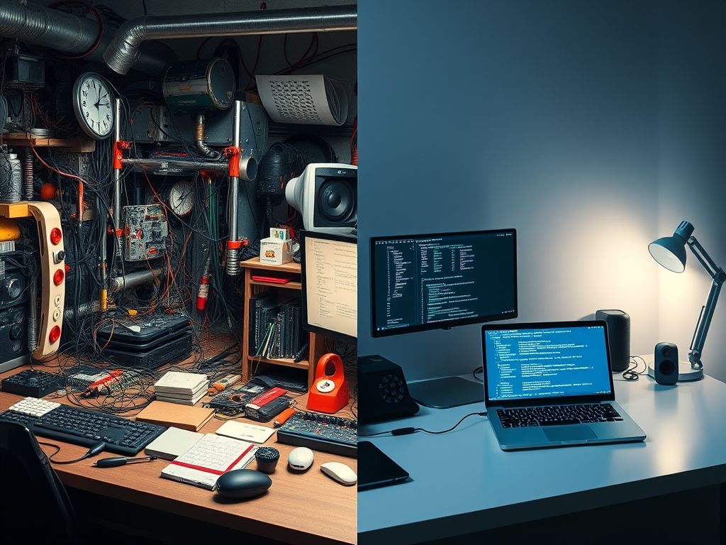 Comparação visual entre uma configuração de desenvolvimento web complexa e a configuração simplificada do SvelteKit.