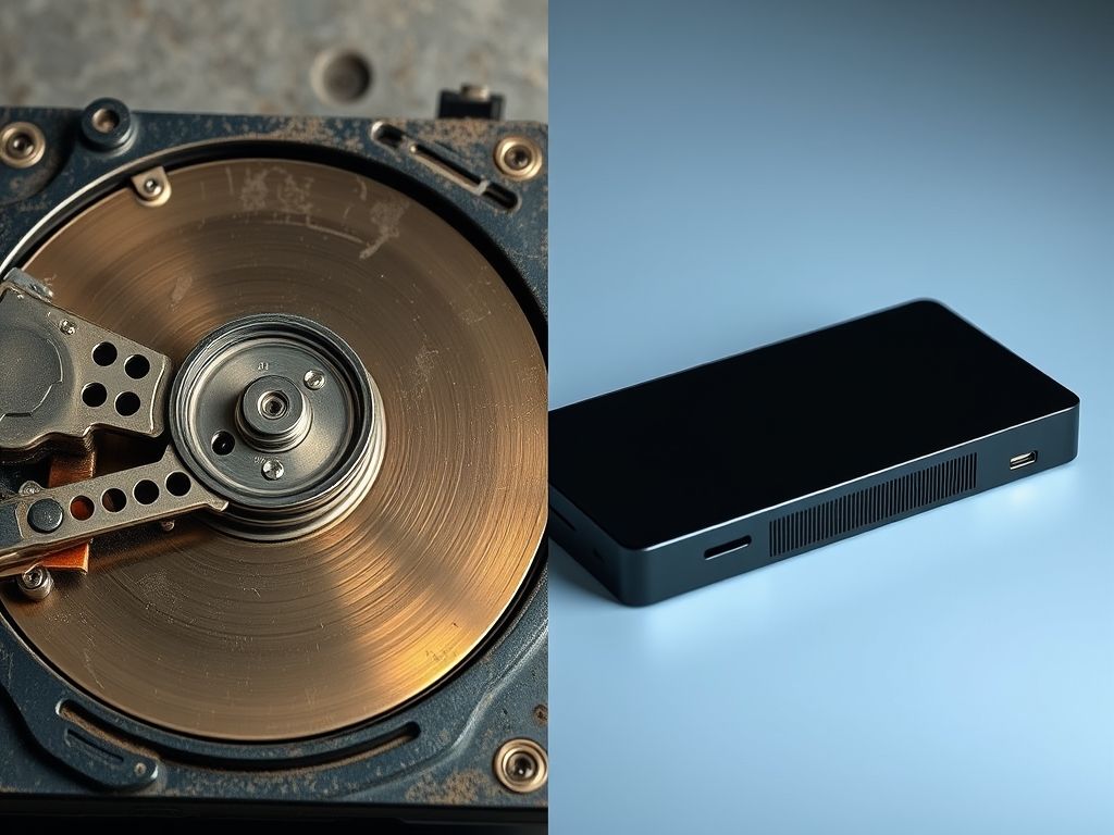 Comparação entre um disco rígido (HDD) antigo e um disco de estado sólido (SSD) moderno, destacando as diferenças de aparência e tecnologia.