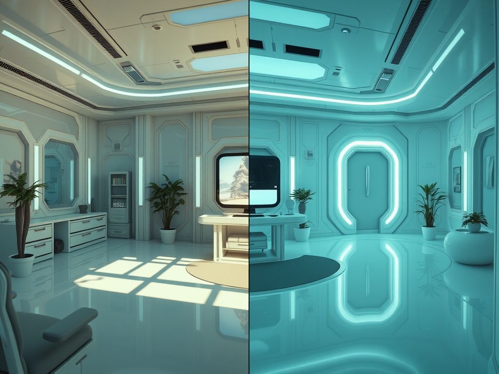 Comparação em tela dividida mostrando como a narrativa ambiental pode aprimorar a narrativa de um jogo, com uma sala futurista organizada e outra em ruínas.