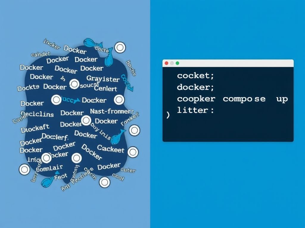 Ilustração comparando a complexidade de comandos Docker individuais com a simplicidade de um único comando 'docker-compose up'.