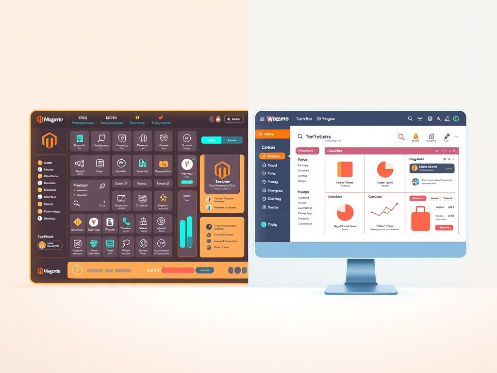 Comparativo visual das interfaces do Magento e WooCommerce, mostrando a diferença em complexidade.