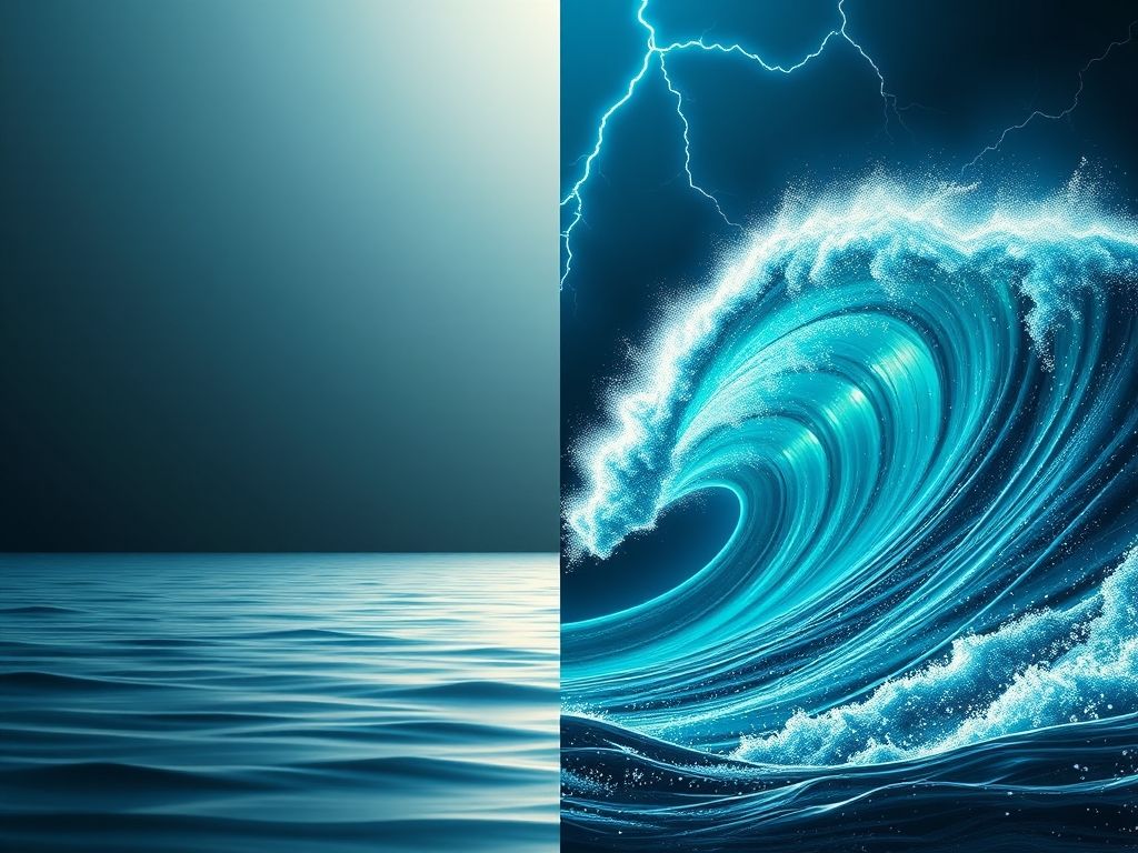 Imagem comparando tráfego de rede normal com um tsunami de dados, representando um ataque DDoS volumétrico.