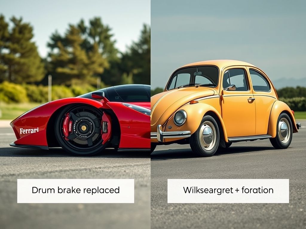 Comparação visual: Uma Ferrari com freios de Fusca e um processador potente com RAM lenta, ilustrando o conceito de gargalo.
