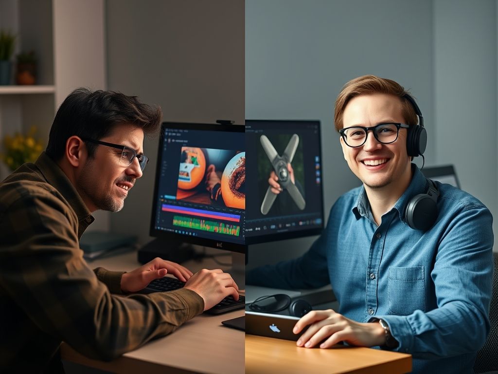 Imagem comparando a experiência frustrante de edição de vídeo em um PC lento com a eficiência e satisfação de usar uma estação de trabalho.