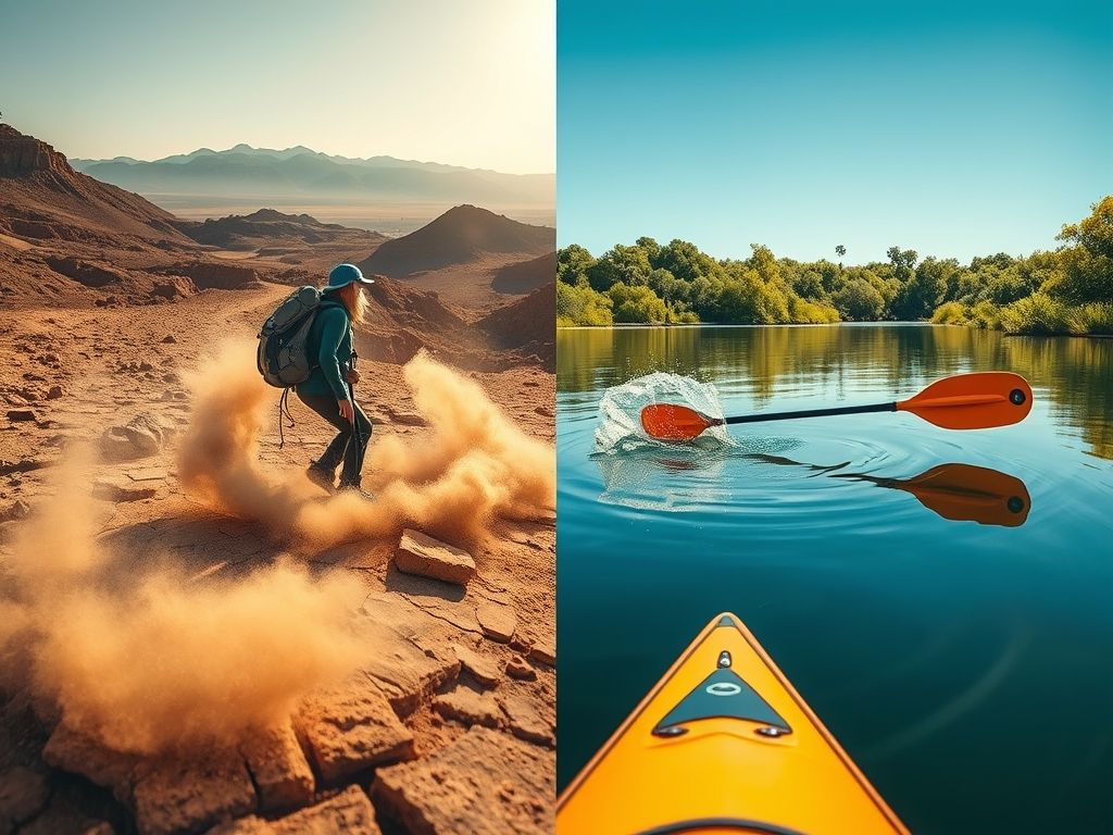 Uma imagem dividida mostrando pessoas usando smartphones em ambientes empoeirados e aquáticos.