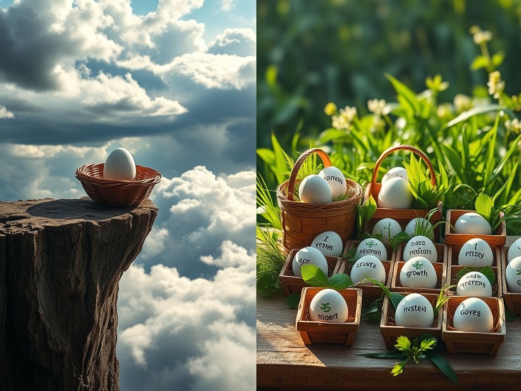 Imagem comparando o risco de colocar todos os investimentos em um único lugar com a segurança de diversificar em diferentes tipos de ativos.