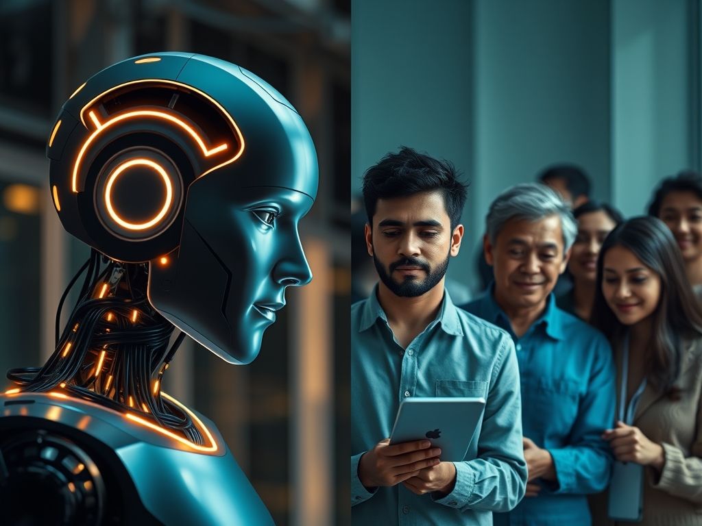 Uma imagem dividida mostrando um sistema de IA tomando uma decisão e o impacto dessa decisão em diferentes pessoas, com uma lupa revelando vieses ocultos no código.