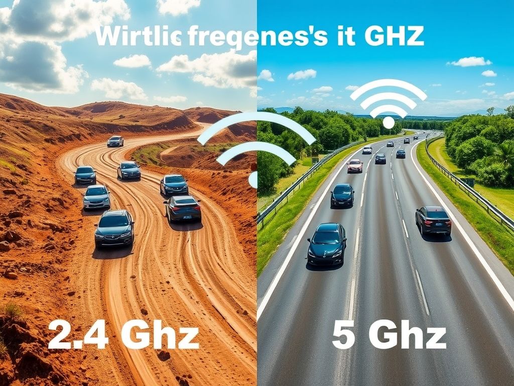 Imagem comparando as frequências de 2.4 GHz e 5 GHz, representando a primeira como uma estrada de terra e a segunda como uma autoestrada.
