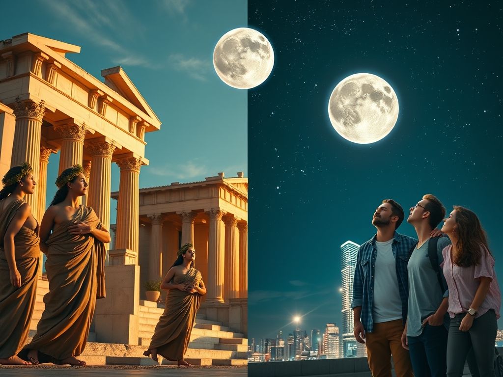 Imagem dividida mostrando a percepção de Vênus por culturas antigas e astrônomos modernos.