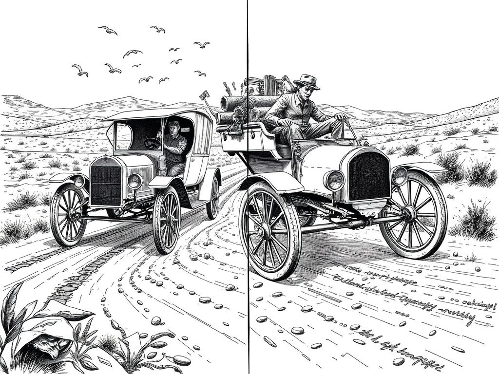 Comparação entre os desafios dos primeiros automóveis e o conforto dos carros modernos.