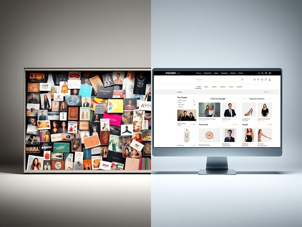 Comparativo entre um e-commerce com listagens genéricas e outro com recomendações personalizadas, mostrando a melhor experiência do usuário.