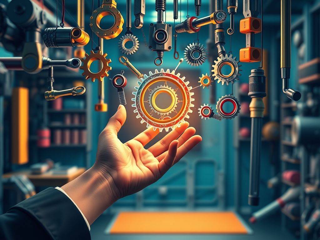 Uma mão selecionando uma engrenagem brilhante dentre várias ferramentas, simbolizando a escolha da ferramenta certa na área de TI.