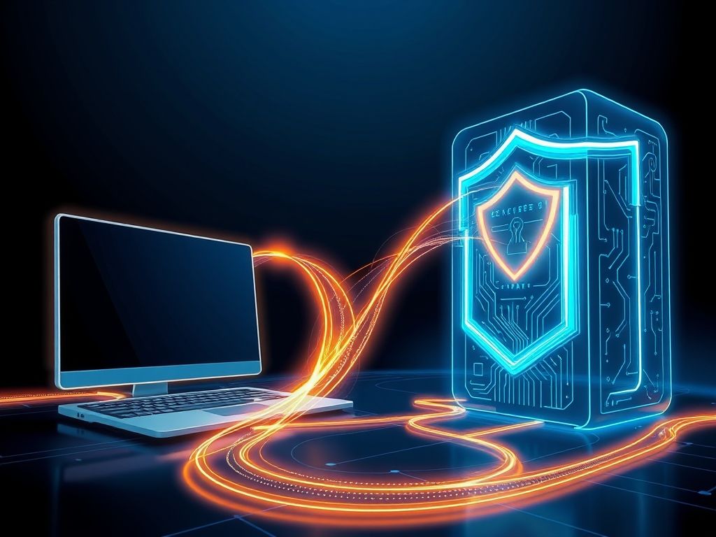 Ilustração de dados criptografados transmitidos entre um computador e um servidor, protegidos por um cadeado digital.