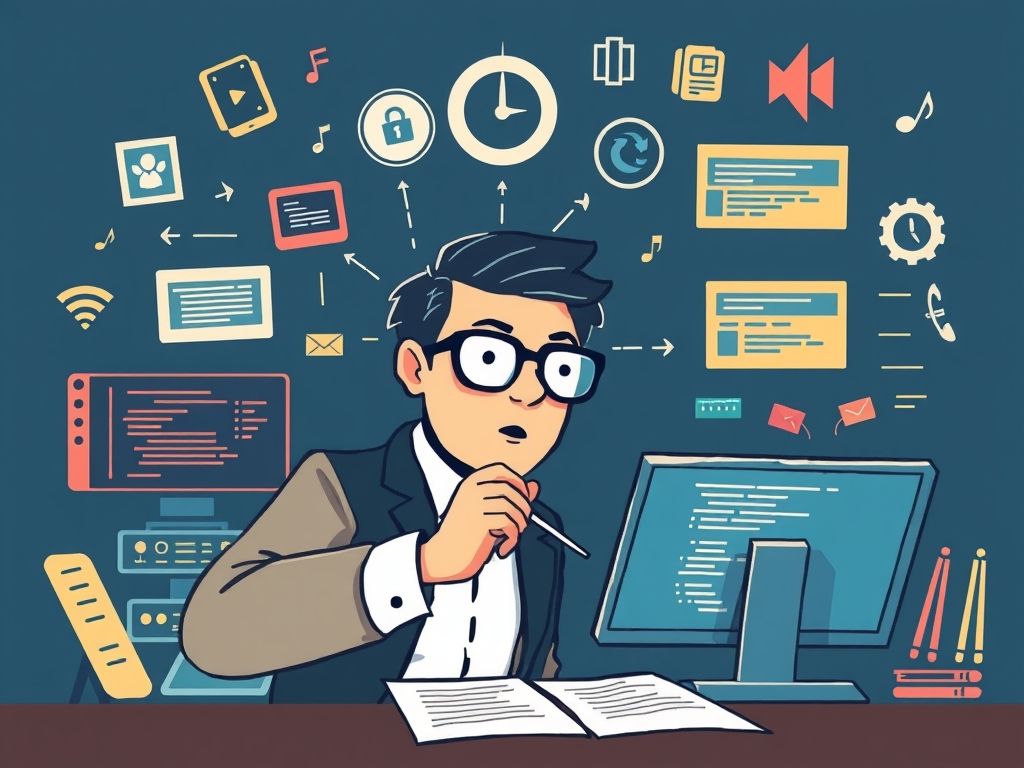 Ilustração estilizada de um maestro orquestrando diversos elementos tecnológicos (computadores, servidores, trechos de código) em uma sinfonia harmoniosa.