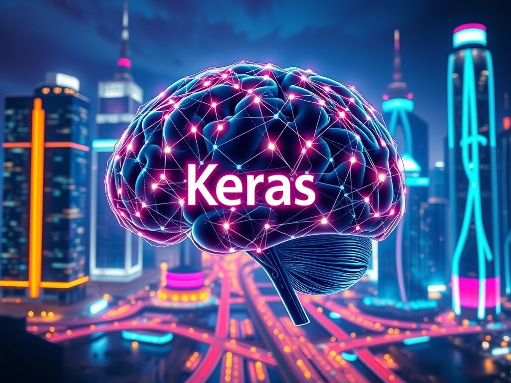 Ilustração estilizada de um cérebro feito de redes neurais interconectadas, com o logo do Keras integrado, representando o poder do deep learning.