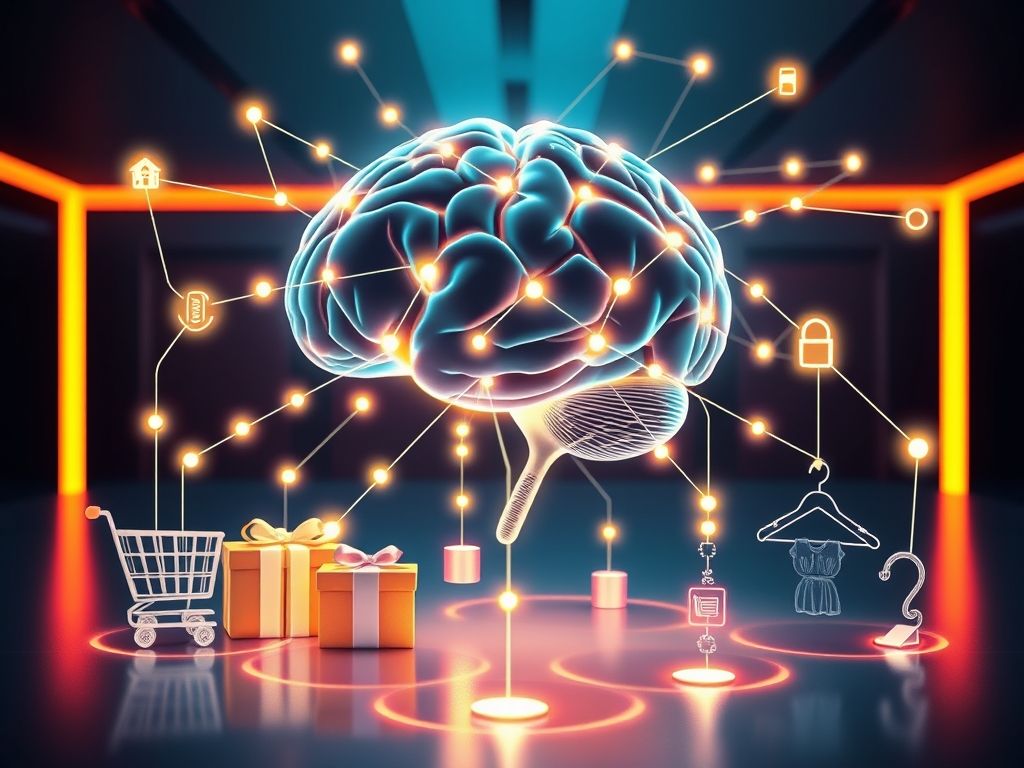 Ilustração estilizada de um cérebro conectado a ícones de produtos de e-commerce, representando a IA processando dados para recomendações personalizadas.