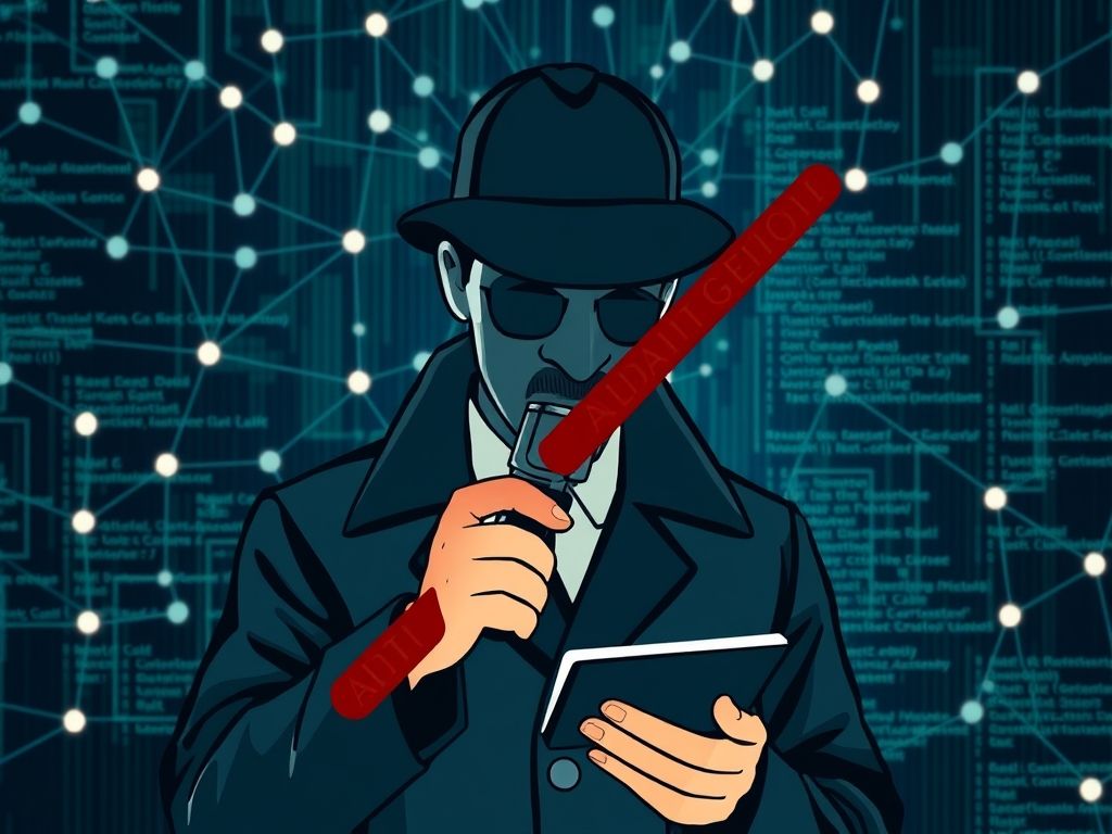 Uma imagem estilizada de um Sherlock Holmes digital examinando código, simbolizando o papel da IA na detecção de fraudes.