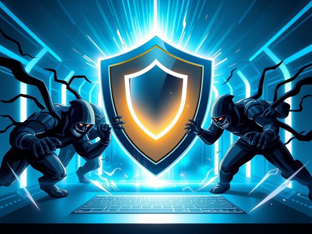 Ilustração de um escudo protegendo um site contra ataques cibernéticos.